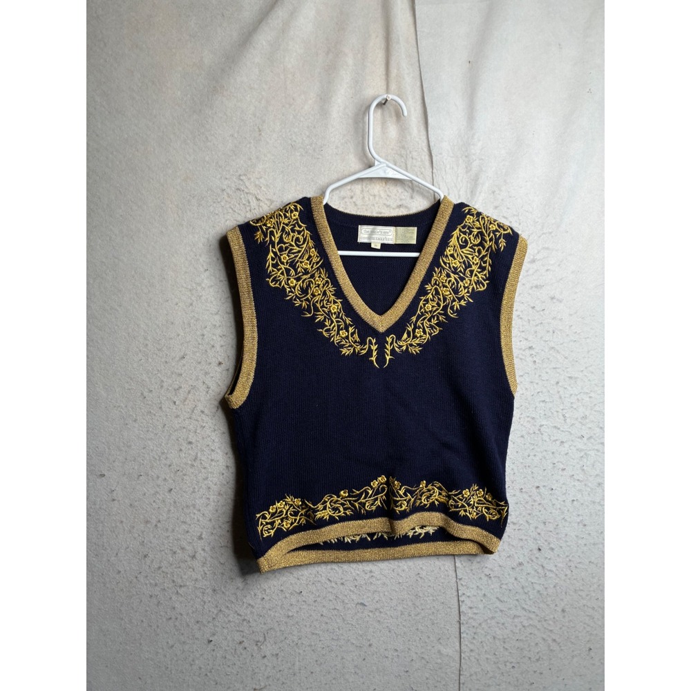 Vintage 1990 The Eagle's Eye Navy Gold Floral Embroidered Wool Sweater Vest M